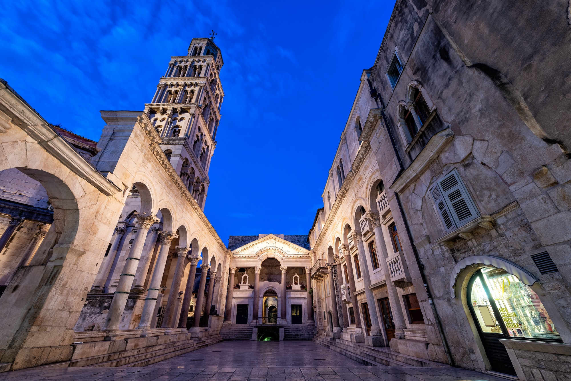 Blue hour view of Diocletian's Palace in Split, Croatia.